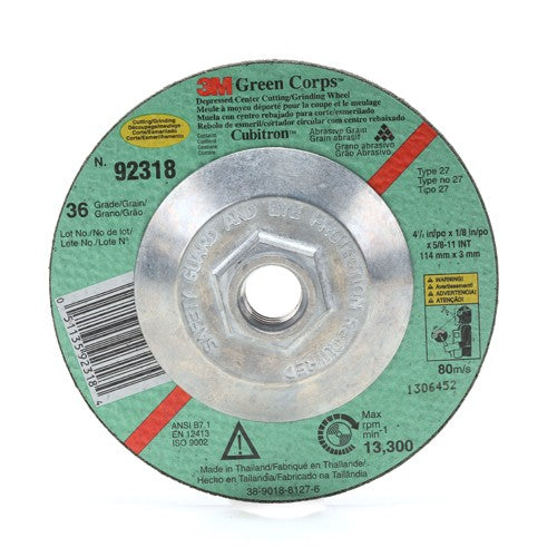 3M Green Corps Cutting/Grinding Wheel T27 4-1/2″ × 1/8″ × 5/8-11 Internal 36 Grit - Benchmark Tooling
