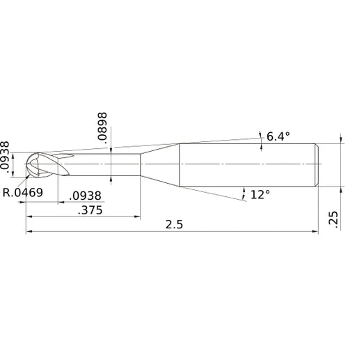 3/32″ Dia. × 1/4″ Shank × 3/32″ DOC × 2-1/2″ OAL, Carbide Impact Miracle, 2 Flute, 30° Helix, Ballnose End Mill VF2XLBD3/32N4D
