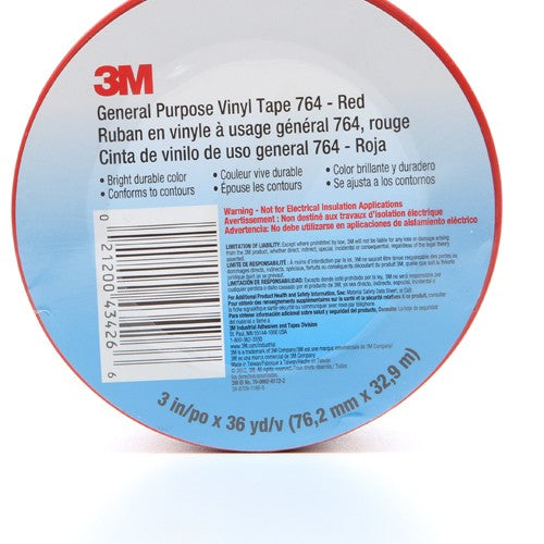 3M General Purpose Vinyl Tape 764 Red 3″ × 36 yd 5 mil Individually Wrapped Conveniently Packaged - Benchmark Tooling