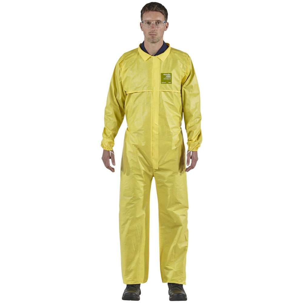 Disposable Coveralls: Size 5X-Large, 0.5216 oz, Polyethylene on Bicomponent & Polypropylene/Polyethylene Non-Woven, 2-Way Zipper with Storm Flap Closure