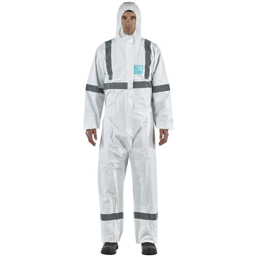 Disposable Coveralls: Size 4X-Large, 0.5382 oz, Microporous Polyethylene Laminate Non-Woven, 2-Way Zipper with Storm Flap Closure