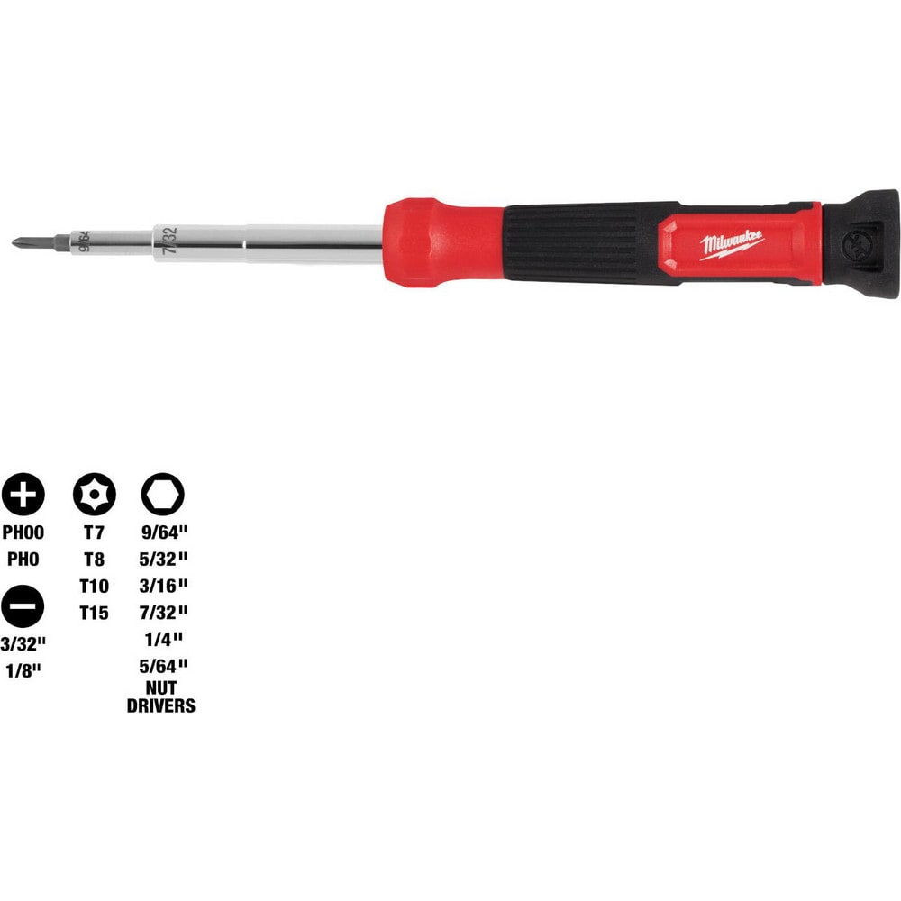 Bit Screwdrivers; Type: Multi-Bit Screwdriver; Tip Type: Nut Driver, Torx, Slotted, Phillips; Drive Size (TXT): 1/4 in; Torx Size: T7, T8, TP15, TP10; Phillips Point Size: #00