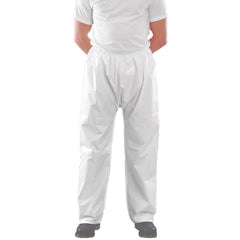 Disposable Pants; Protection Type: Particulate Biological Hazards, Low-Concentration Liquid Chemicals; Size: 3X-Large; Waist Size: 52; Color: White; Material: Microporous Polyethylene Laminate Non-Woven; Number Of Pockets: 0.000; Closure Type: Elastic