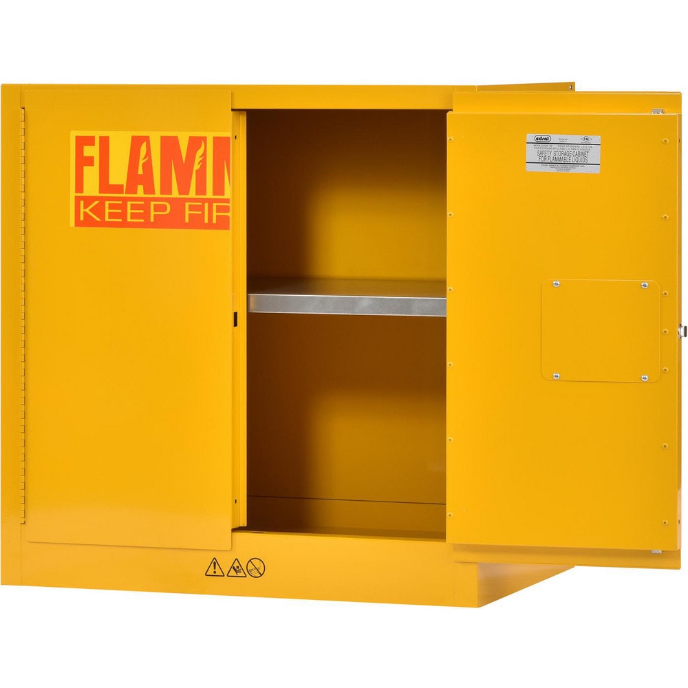 Flammable & Hazardous Storage Cabinets:  22.000 gal Drum, 1.000 Door,  1 Shelf,  Manual Closing,  Safety Yellow