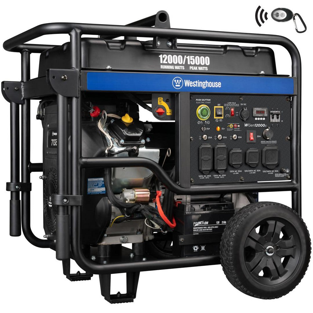 For your toughest power needs, the Westinghouse WGen12000c Portable Generator is an ultra duty generator engineered for strength. With 15,000 peak watts and 12,000 running watts, the WGen12000c is built with a brawny 713cc V-Twin OHV Westinghouse Engine t