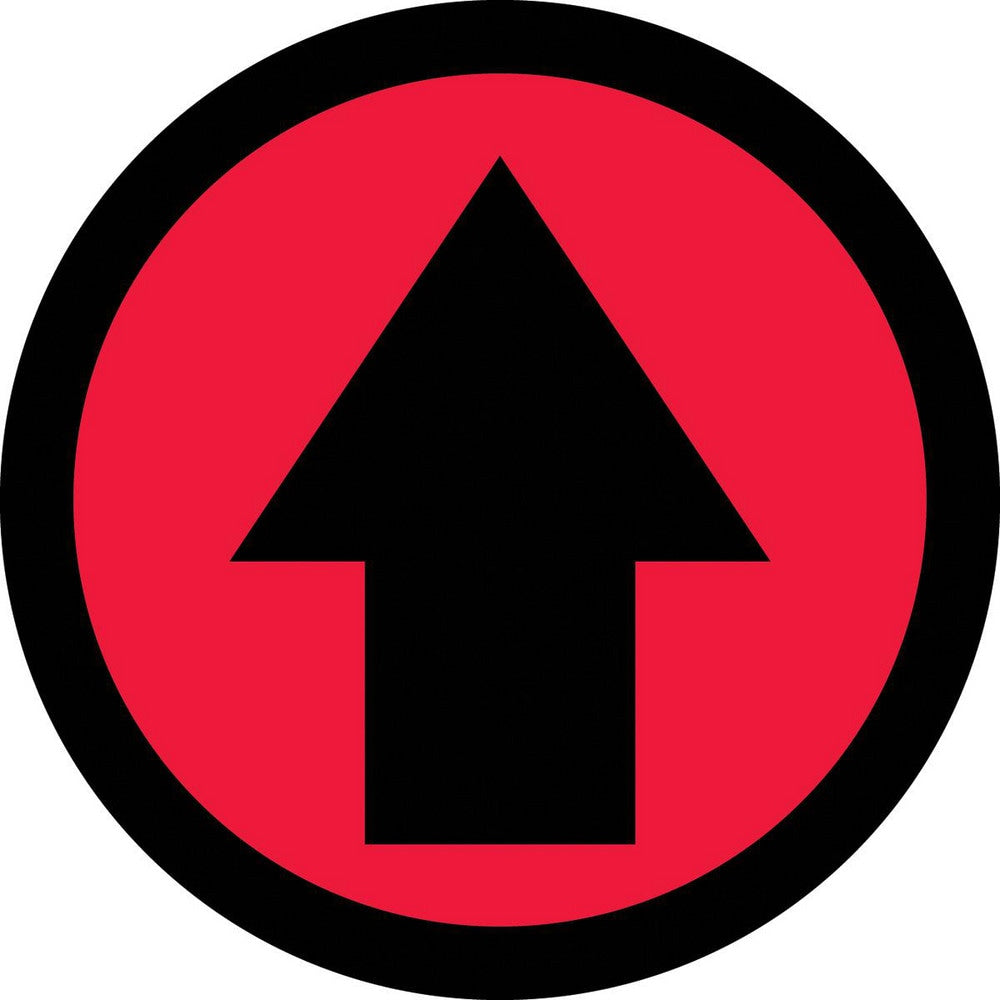 Adhesive Backed Floor Signs; Message Type: Traffic Control; Message/Graphic: Graphic Only; Message or Graphic: Graphic Only; Legend: Arrow Graphic; Material: Vinyl; Legend Color: Black; Color: Red, Black; Shape: Circle