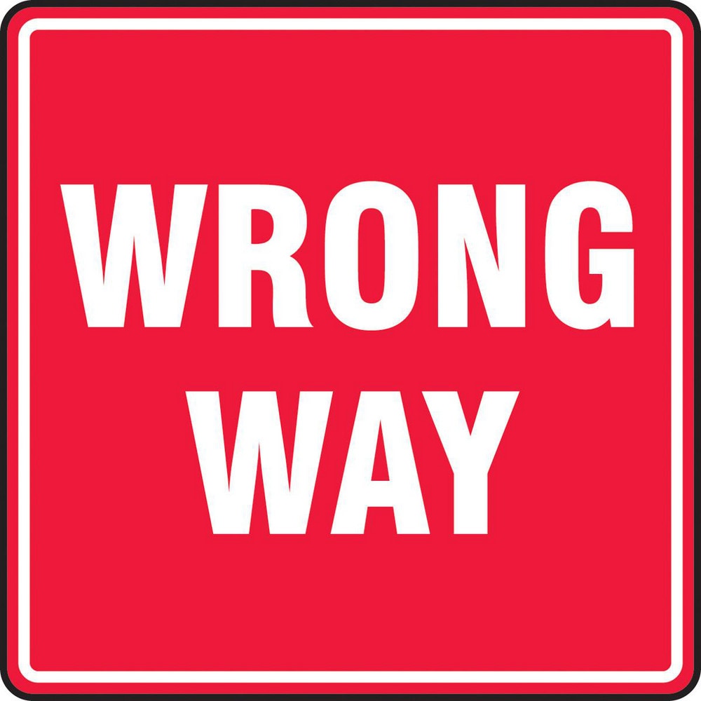 Adhesive Backed Floor Signs; Message Type: Traffic Control; Message/Graphic: Message Only; Message or Graphic: Message Only; Legend: WRONG WAY; Material: Vinyl; Legend Color: White; Color: Red, White; Shape: Square