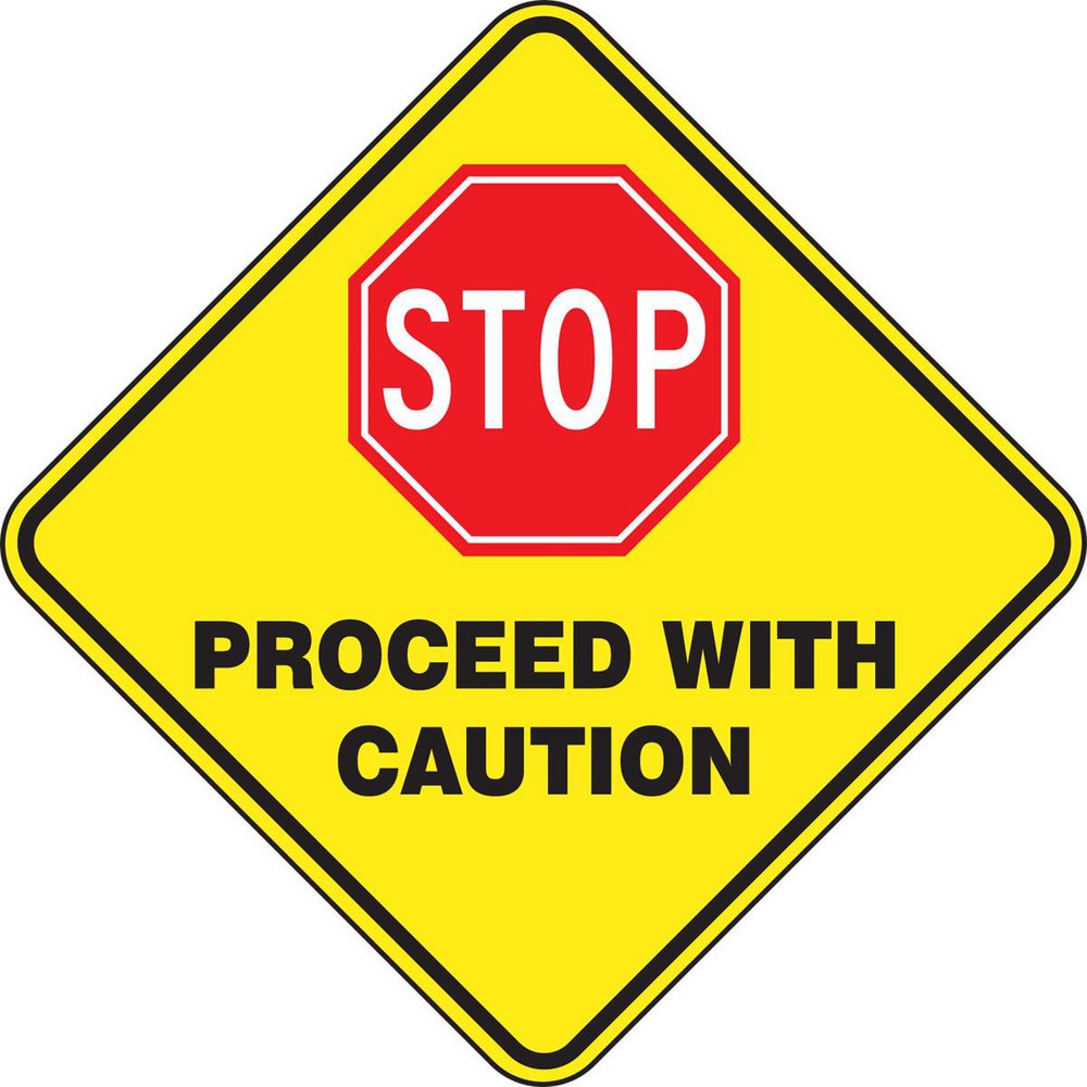 Adhesive Backed Floor Signs; Message Type: Traffic Control; Message/Graphic: Message & Graphic; Message or Graphic: Message & Graphic; Legend: STOP PROCEED WITH CAUTION; Material: Vinyl; Legend Color: White, Black; Color: Red, White, Yellow, Black; Shape: