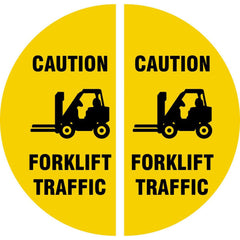 Adhesive Backed Floor Signs; Message Type: Traffic Control; Message/Graphic: Message & Graphic; Message or Graphic: Message & Graphic; Legend: CAUTION FORKLIFT TRAFFIC; Material: Vinyl; Legend Color: Black; Color: Yellow, Black; Shape: Circle