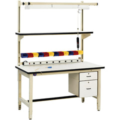 Heavy-Duty Work Bench with Drawer: 72" Wide, 30 to 36" High, Painted, Maple Top, Steel Base, Light Beige