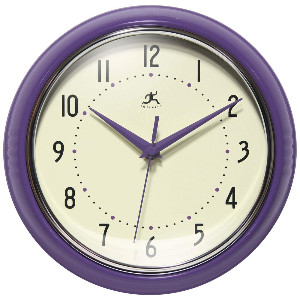 Office Wall Clocks; Clock Type: Dial; Display Type: Analog; Power Source: Battery; Clock Movement Control: Manual; Face Diameter: 7.25000; Face Color: Off-White; Case Color: Purple; Digit Color: Black