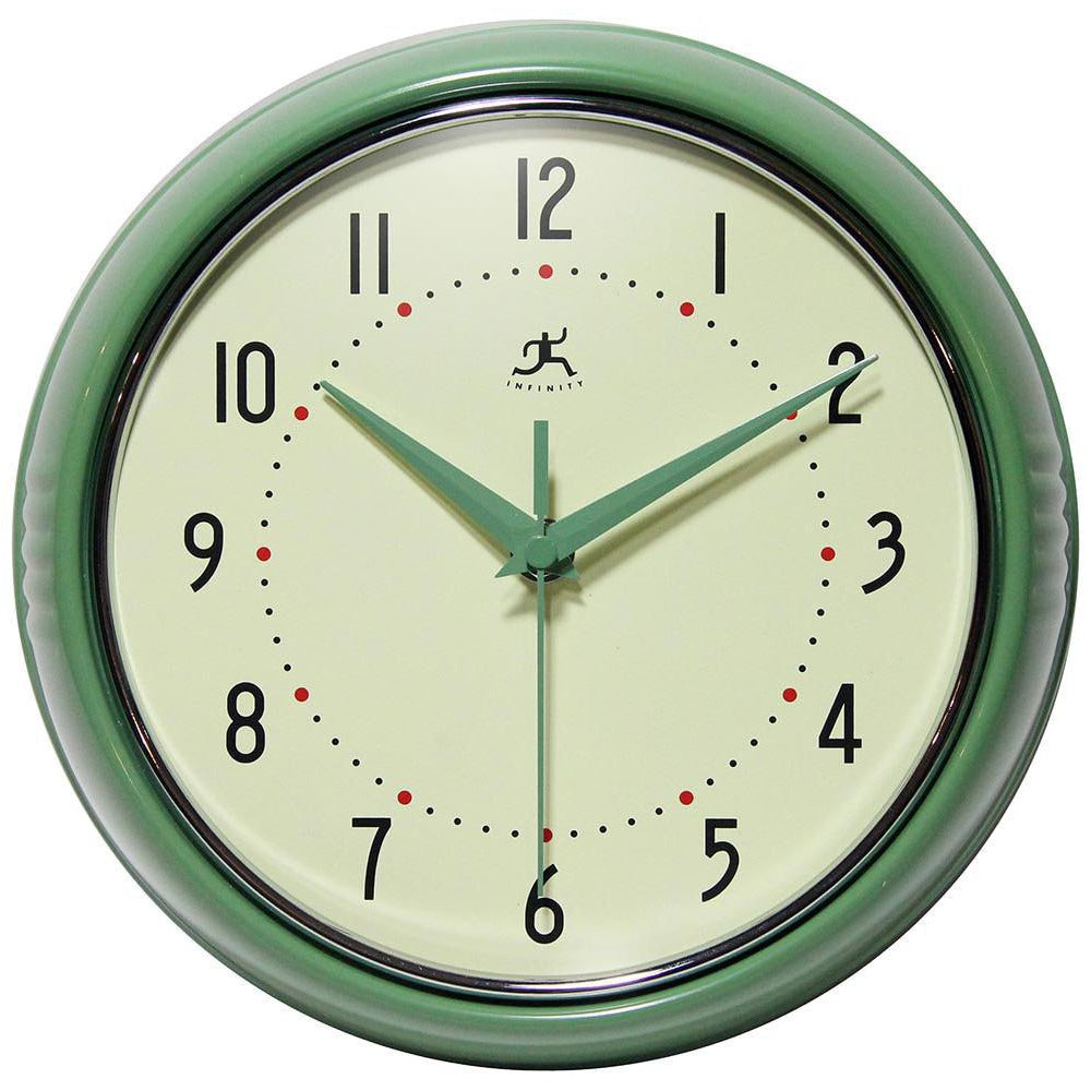 Office Wall Clocks; Clock Type: Dial; Display Type: Analog; Power Source: Battery; Clock Movement Control: Manual; Face Diameter: 7.2500; Face Color: Off-White; Case Color: Green; Digit Color: Black