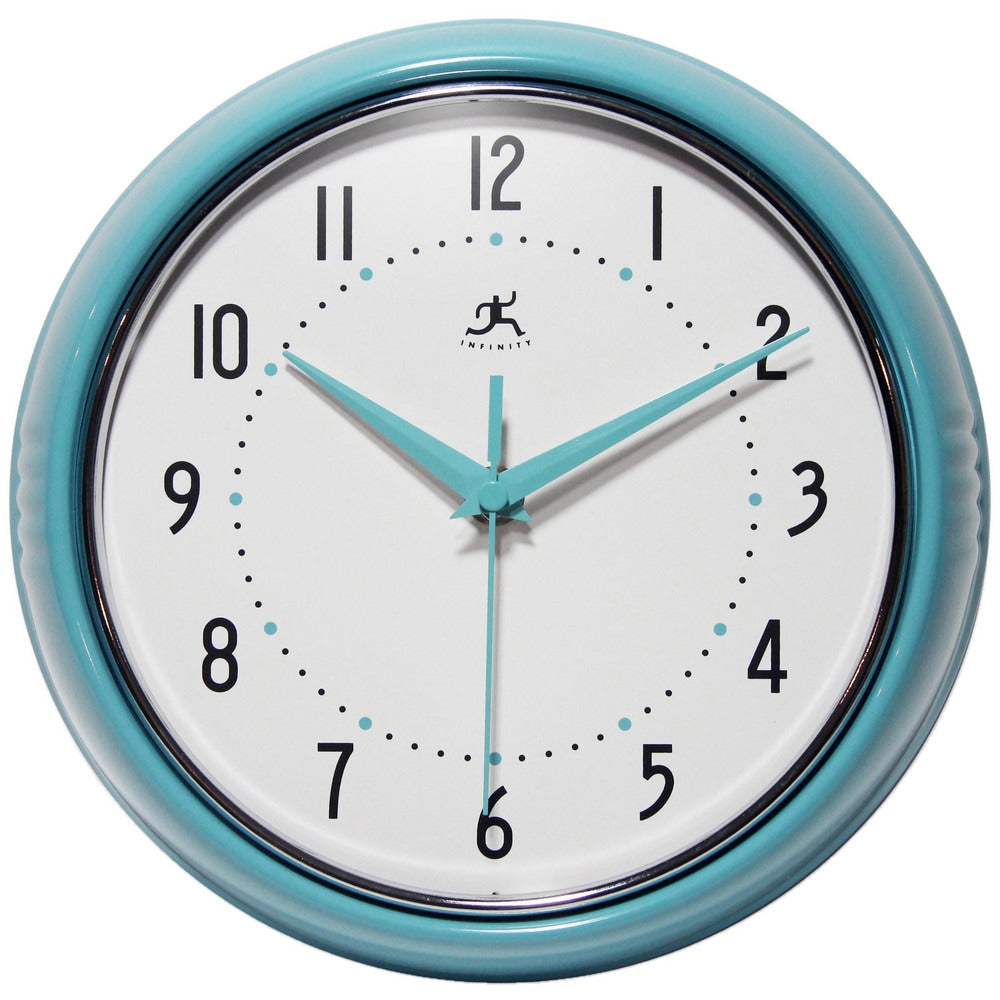 Office Wall Clocks; Clock Type: Dial; Display Type: Analog; Power Source: Battery; Clock Movement Control: Manual; Face Diameter: 7.75000; Face Color: White; Case Color: Turquoise; Digit Color: Black