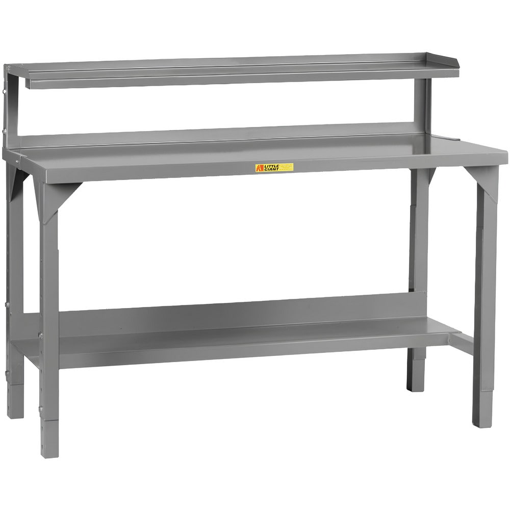 Heavy-Duty Work Bench with Riser: 48" Wide, 24 to 41" High, Powder Coated, 12 Gauge Steel Top, Steel Base, Gray