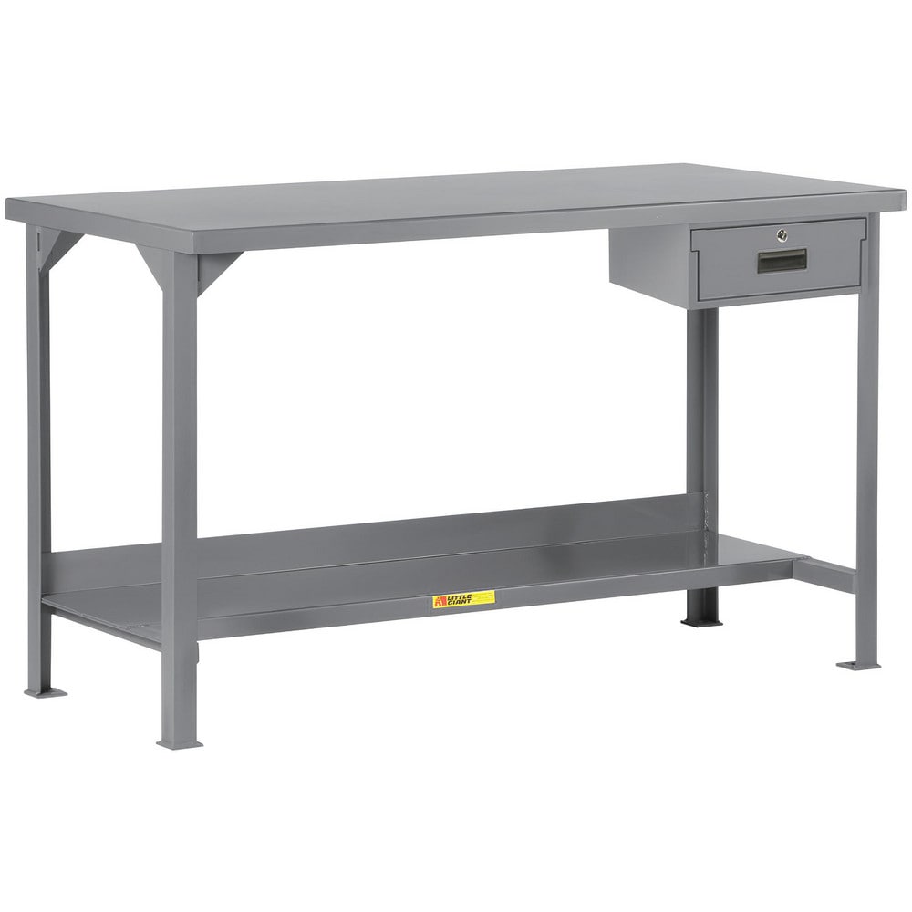 Welded Work Table: 30" Wide, 36" High, Powder Coated, 12 Gauge Steel Top, Steel Base, Gray