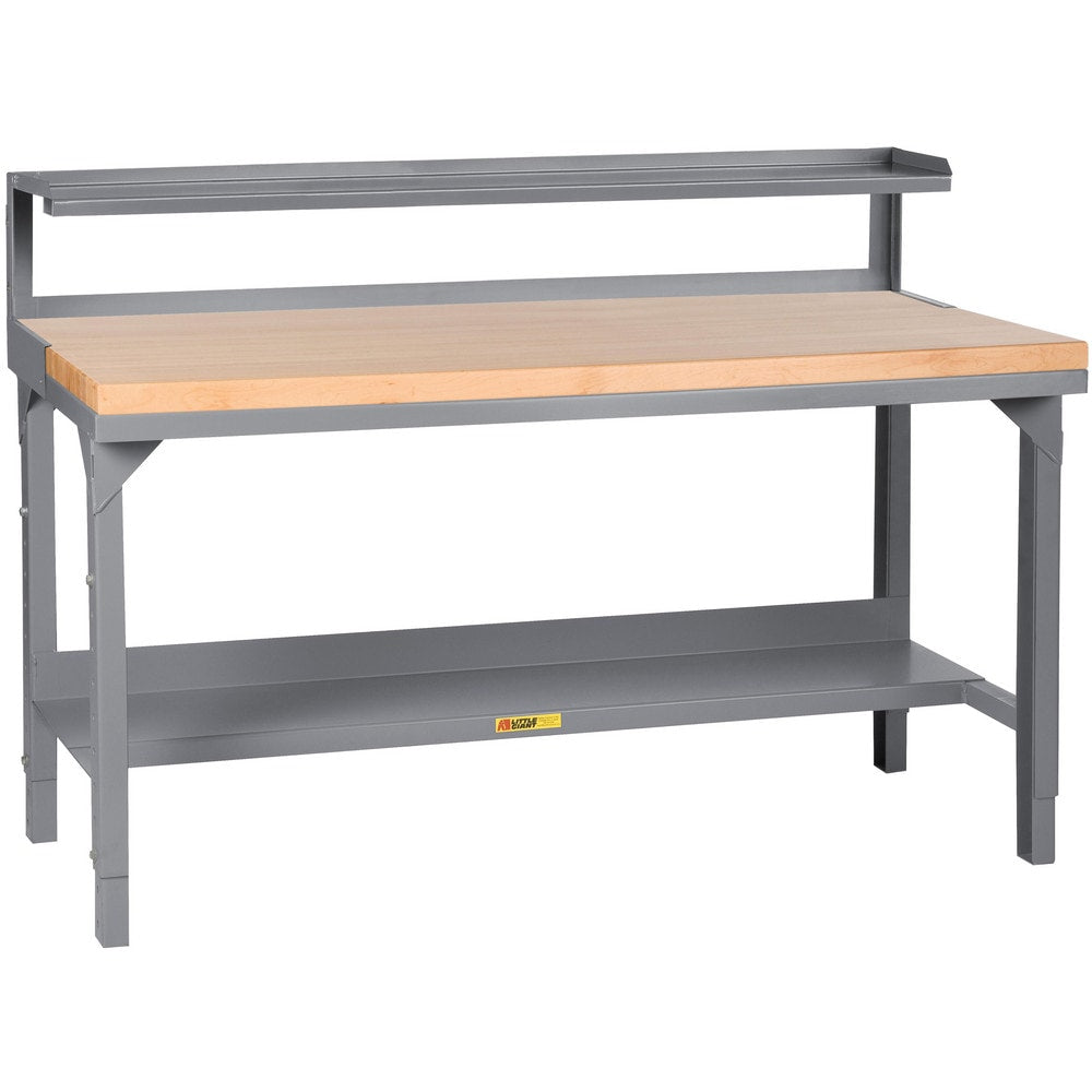 Welded Work Table: 48" Wide, 28-3/4 to 42-3/4" High, Powder Coated, Butcher Block Top, Steel Base, Gray