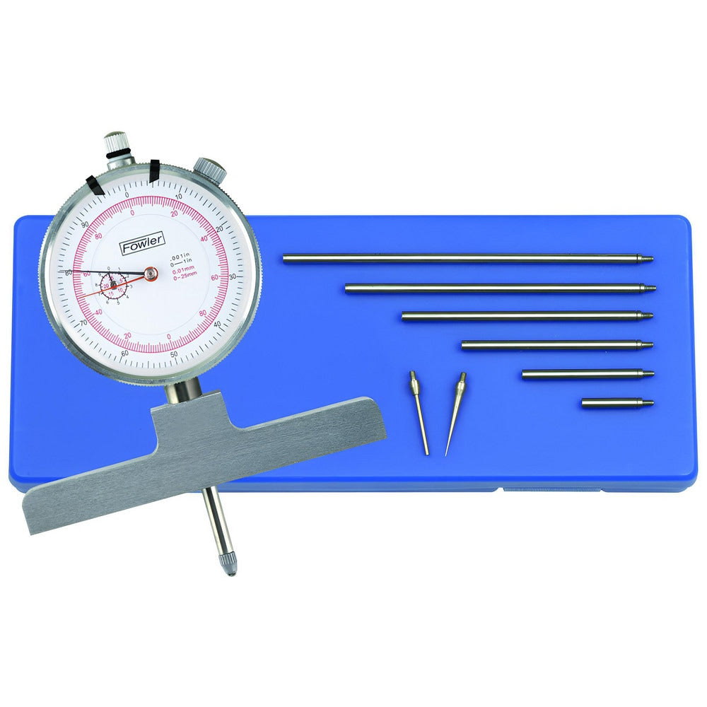 Dial Depth Gages; Minimum Measurement: 0; Maximum Measurement: 558.80; Graduation: 0.0100; Base Length: 4.0000; Base Width: 0.630 in; Accuracy: ¬± 0.001?/0.03mm; Rod Diameter: 0.176 in; Travel: 25.00