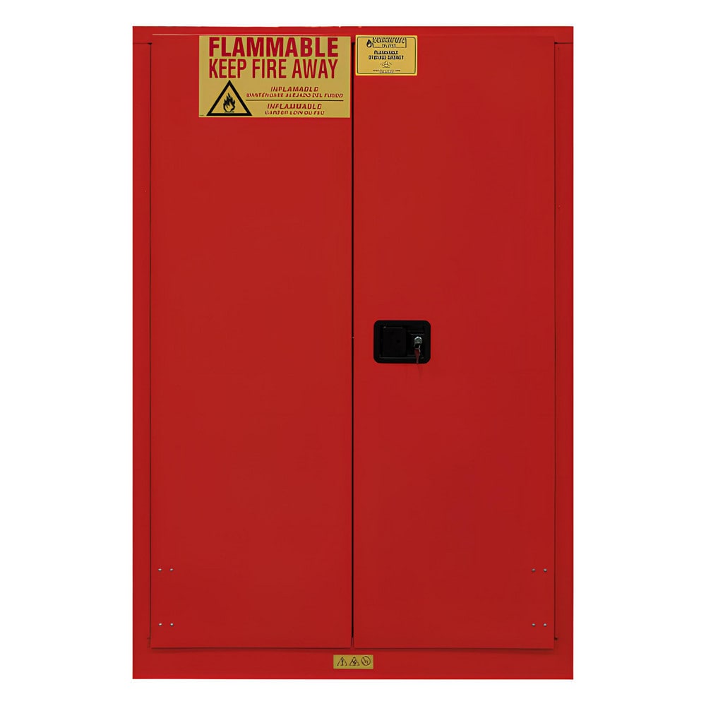 Flammable & Hazardous Storage Cabinets:  45.000 gal Drum, 2.000 Door,  2 Shelf,  Manual Closing,  Red