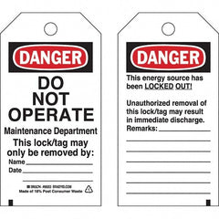 Do Not Operate Tag: 5-3/4" High, 3" Wide, Polyester, "DANGER"