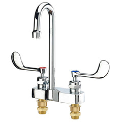 Lavatory Faucets; Type: Deck Mount; Spout Type: Gooseneck; Design: Vandal Resistant Wrist Blades; Handle Type: Color Coded; Wrist Blade; Mounting Centers: 4; Drain Type: Manual; Finish/Coating: Chrome Plated Brass; Thread Type: NPT Male; Special Item Info