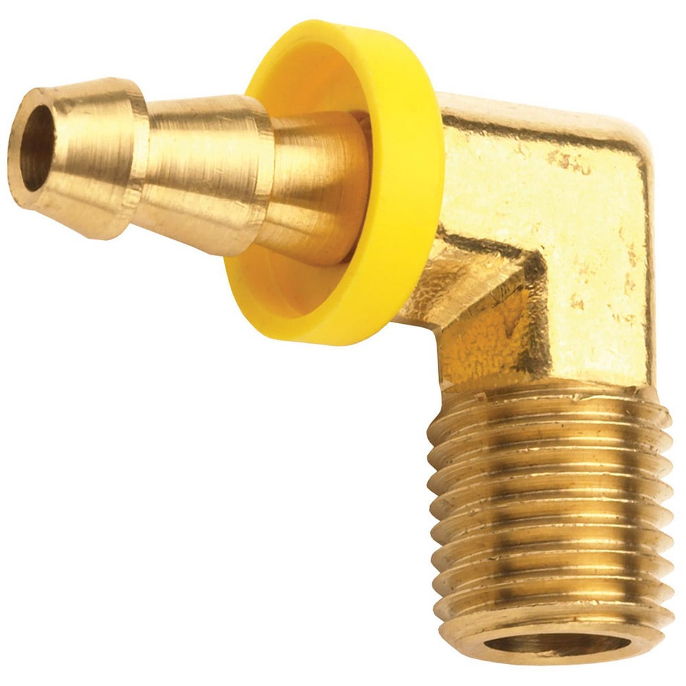 Barbed Push-On Hose Fittings; Fitting Type: Male Elbow; Inside Diameter (Inch): 1/4; Material: Brass; Thread Standard: NPTF; Thread Size: 1/4-18; Barb Size: 1/4