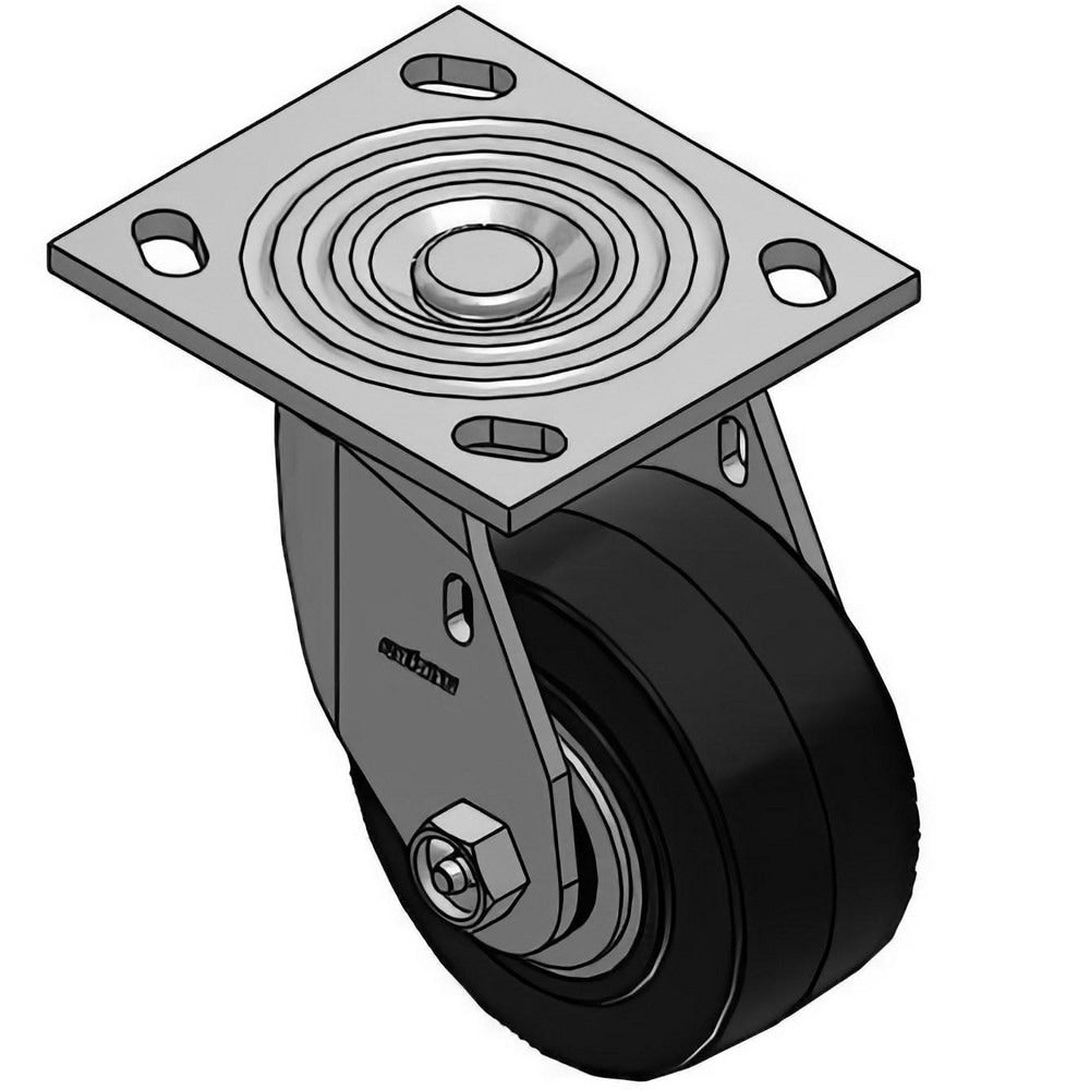 Swivel Top Plate Caster: Rubber on Polypropylene, 4" Wheel Dia, 2" Wheel Width, 400 lb Capacity, 5-5/8" OAH