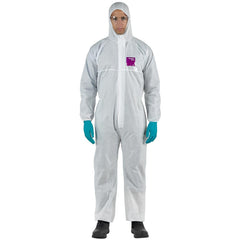 Disposable Coveralls: Chemical Protection, Size Small, 1.4200 oz, SMS, Two Way Zipper & Stormflaps Closure