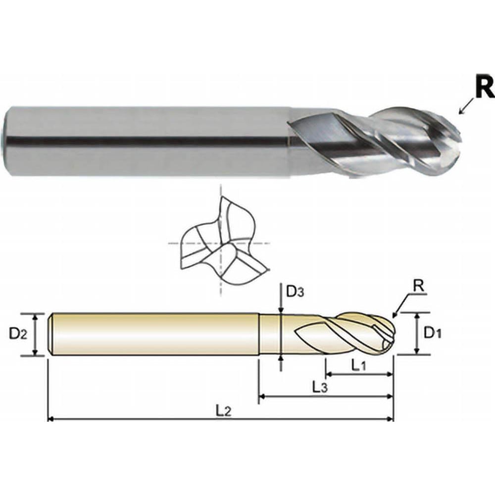 Ball End Mill: 3 Flute(s), Solid Carbide