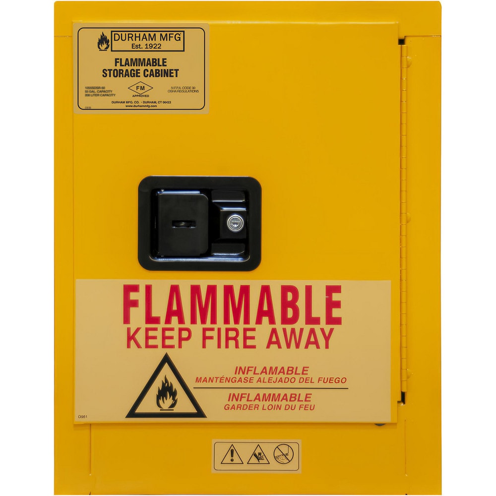 Flammable & Hazardous Storage Cabinets:  4.000 gal Drum, 1.000 Door,  1 Shelf,  Manual Closing,  Safety Yellow