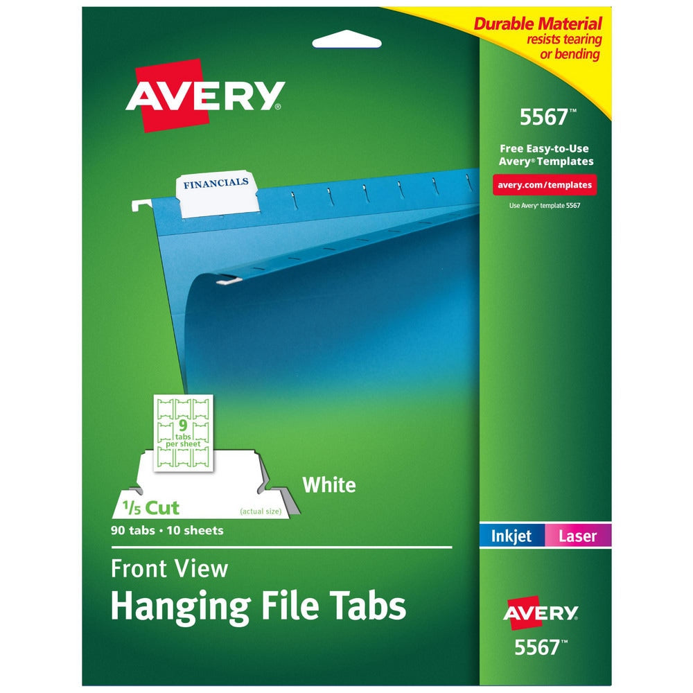 2-1/16" 5 Tabs, Self-Adhesive, Printable Hanging File Folder Tabs