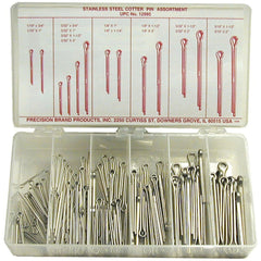 Pin & Clip Assortments; Fastener Types Included: Cotter Pins; Material: Stainless Steel; Minimum Fastener Size: 0.0625; Maximum Fastener Size: 0.1875; Minimum Length: 0.75 in; Maximum Length: 2.00