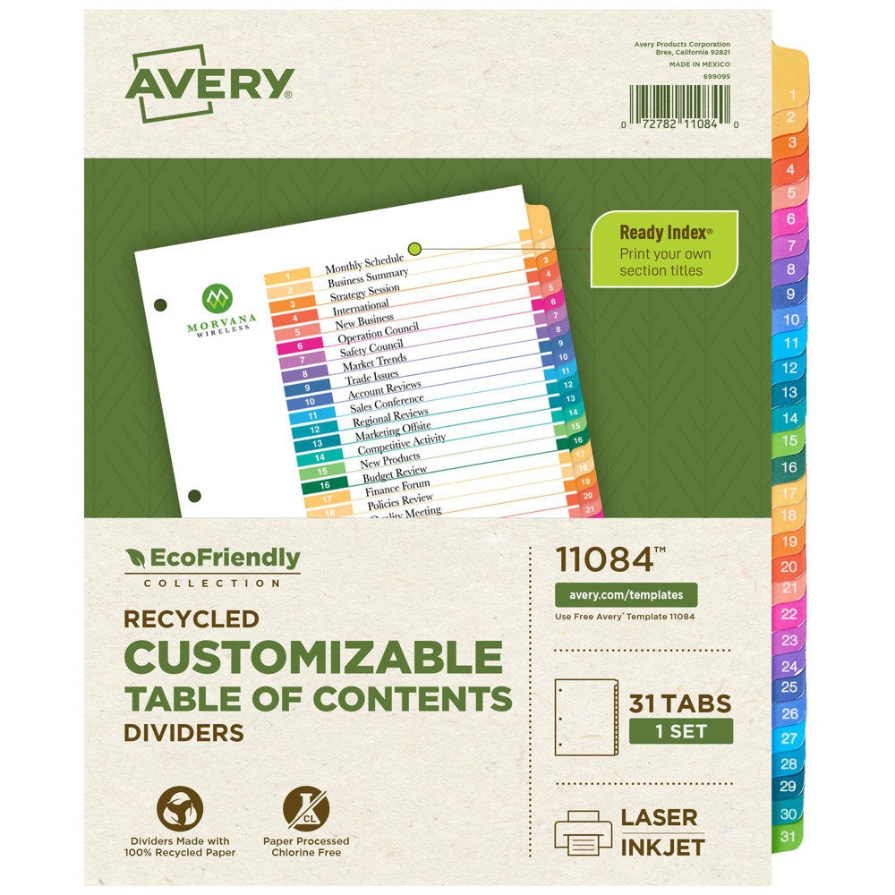 11 x 8 1/2" 1 to 31" Label, 31 Tabs, 3-Hole Punched, Preprinted Tab Dividers