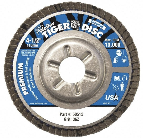 Flap Disc:  4-1/2" Dia, 7/8" Hole, 36 Grit, Zirconia Alumina, Type 29