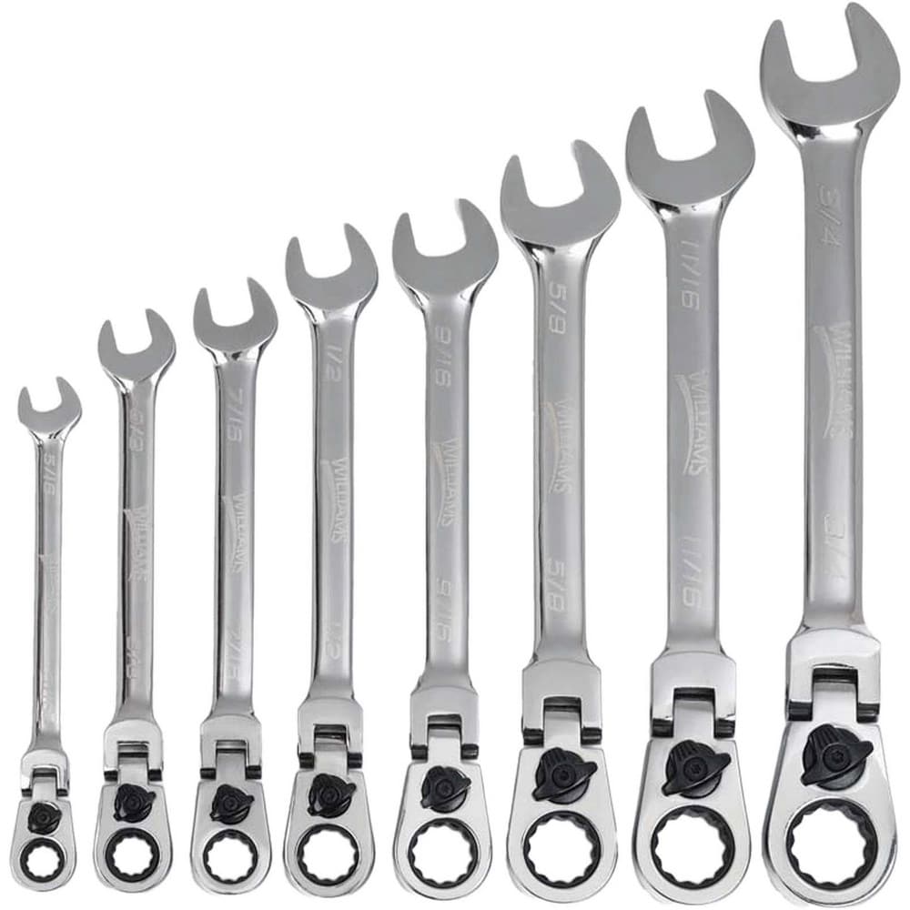 Flex Head Reversible Combination Wrench Set: 8 Pc, Inch