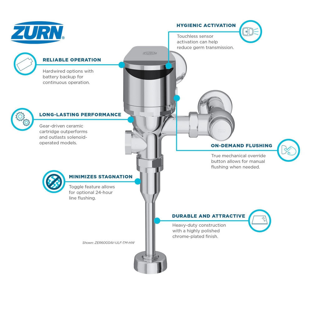 Automatic Flush Valves; Valve Type: Urinal; Flush Style: Single Flush; Gallons Per Flush: 0.5; Flush Valve Location: Exposed; Pipe Size: 0.75 in; Spud Coupling Size: 1.5 in; Cover Material: Chrome; Power Source: Hard Wire, 4AA Battery Backup