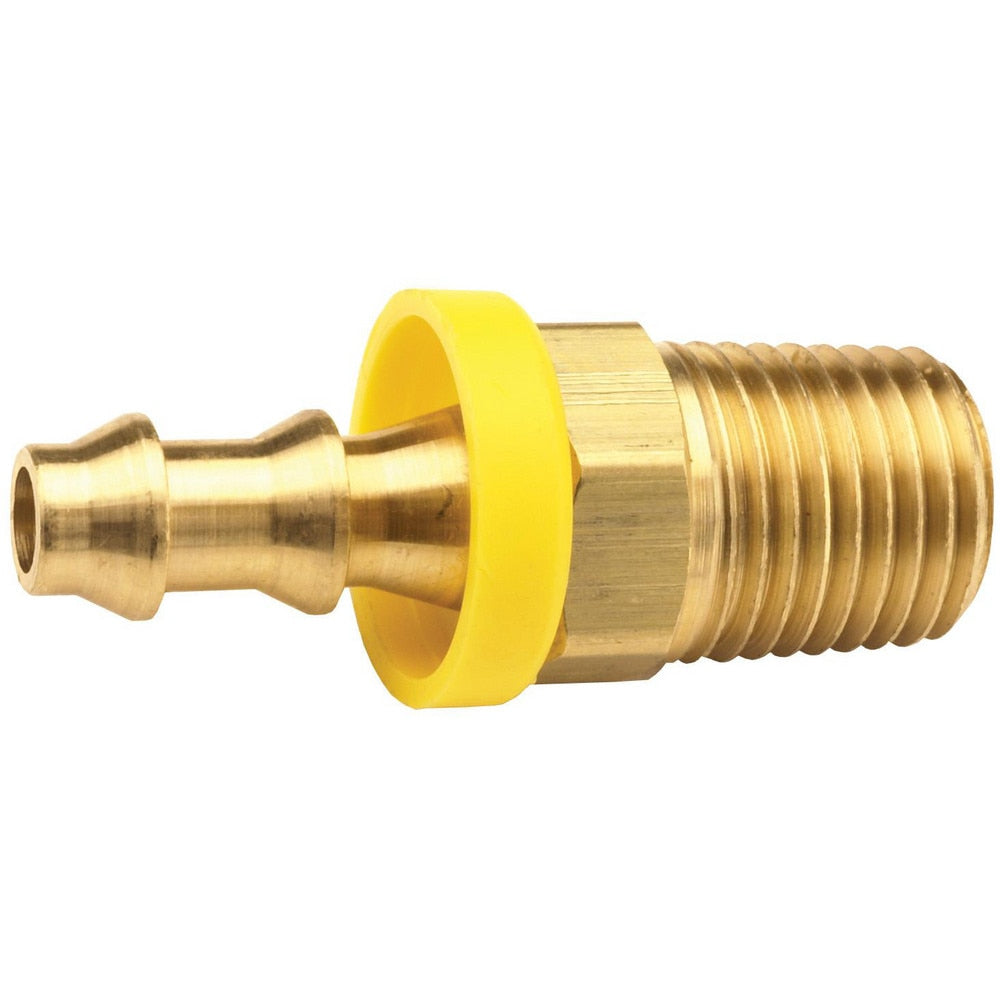 Barbed Push-On Hose Fittings; Fitting Type: Male; Inside Diameter (Inch): 1/4; Material: Brass; Thread Standard: NPTF; Thread Size: 1/8-27; Barb Size: 1/4