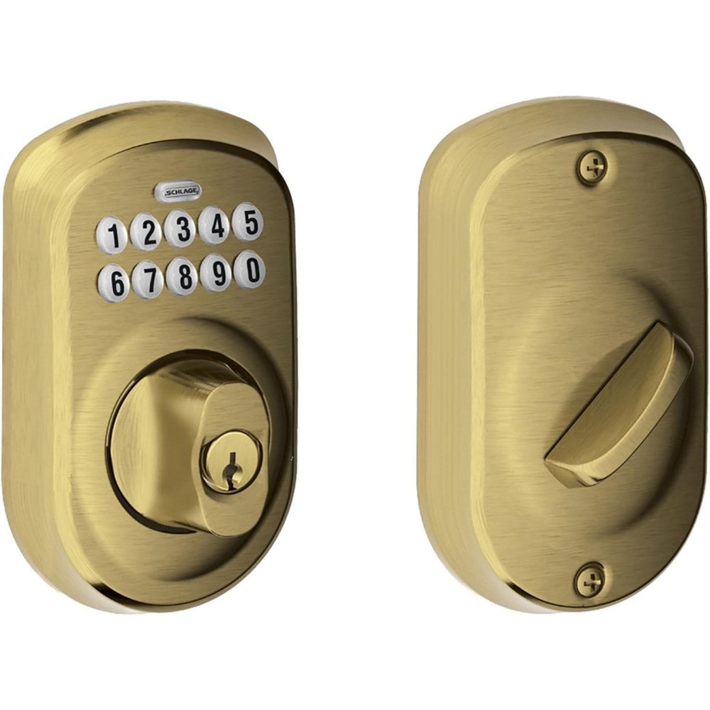 Deadbolts; Deadbolt Type: Deadbolt; Lock Type: Single Cylinder; Key Type: Key Codeable; Mount Type: Surface; Material: Metal; Minimum Door Thickness: 1.375 in; Maximum Door Thickness: 1.75; Finish: Antique Brass