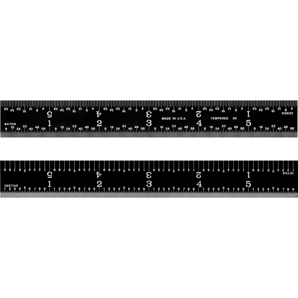 Steel Rules; Material: Steel; Length (Inch): 6; Graduation (Inch): 1/16, 1/64, 1/8, 1/32; Tip Style: Flat; Color: Black; Flexibility: Rigid