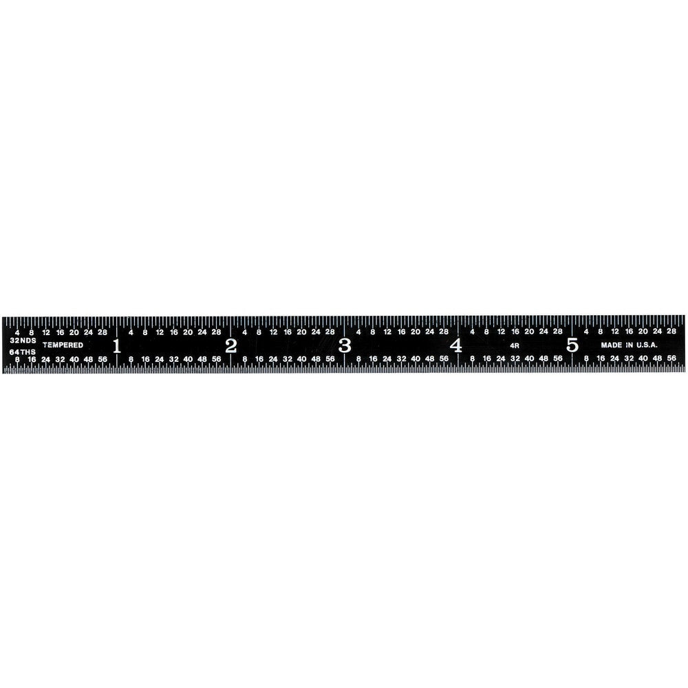 Steel Rules; Material: Steel; Length (Inch): 6; Graduation (Inch): 1/16, 1/64, 1/8, 1/32; Tip Style: Flat; Color: Black; Flexibility: Flexible