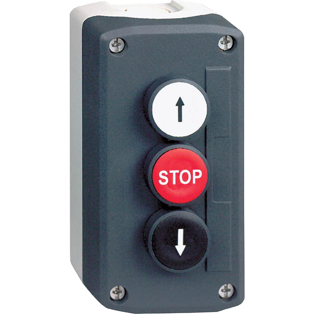 Pushbutton Control Stations; Control Station Type: Control Station; Number of Operators: 3; Legend Markings: Stop, Up Arrow, Down Arrow; Switch Action: Spring Return; Contact Configuration: 2NO/1NC; Operator Type: Flush Push Button