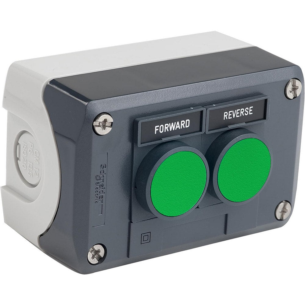 Pushbutton Control Stations; Control Station Type: Control Station; Number of Operators: 2; Legend Markings: Reverse, Forward; Switch Action: Spring Return; Contact Configuration: 2NO; Operator Type: Flush Push Button