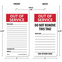 Accident Prevention Tag: Rectangle, 6-1/4" High, Synthetic Paper, "OUT OF SERVICE"