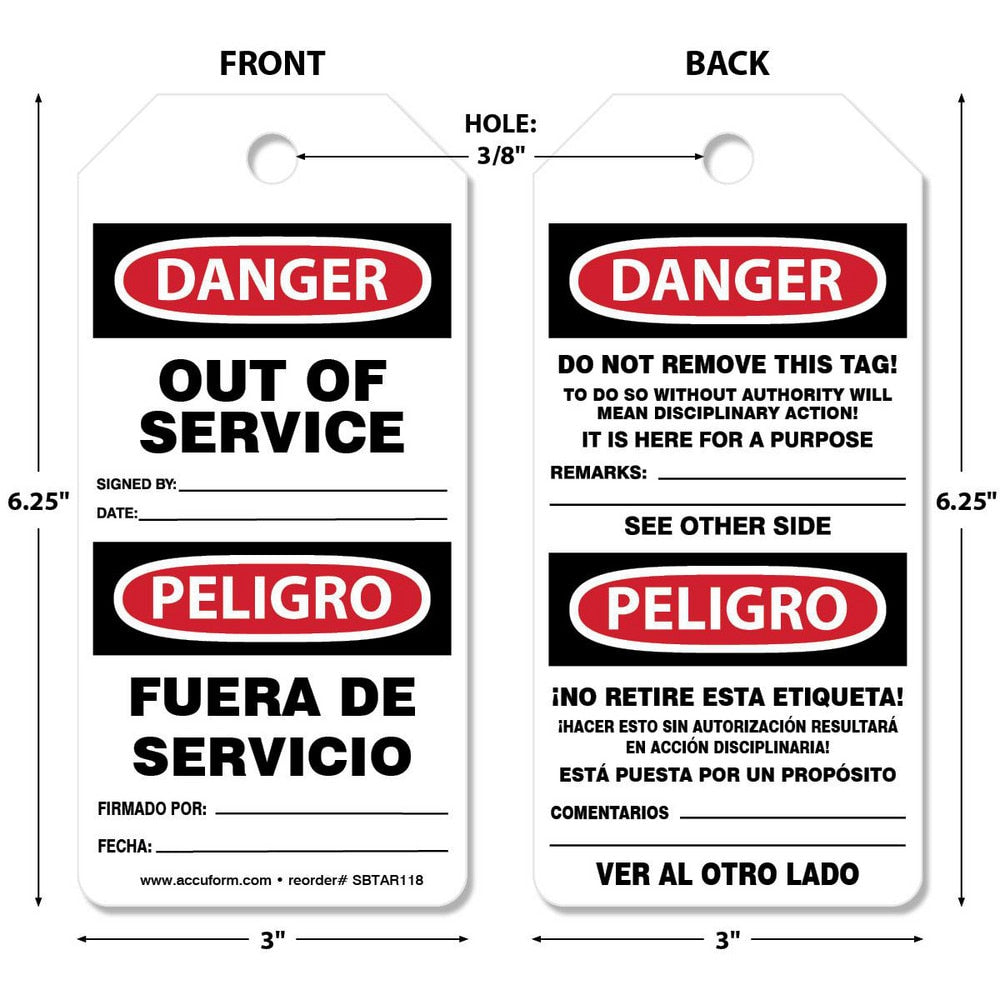 Accident Prevention Tag: Rectangle, 6-1/4" High, Synthetic Paper, "DANGER PELIGRO"