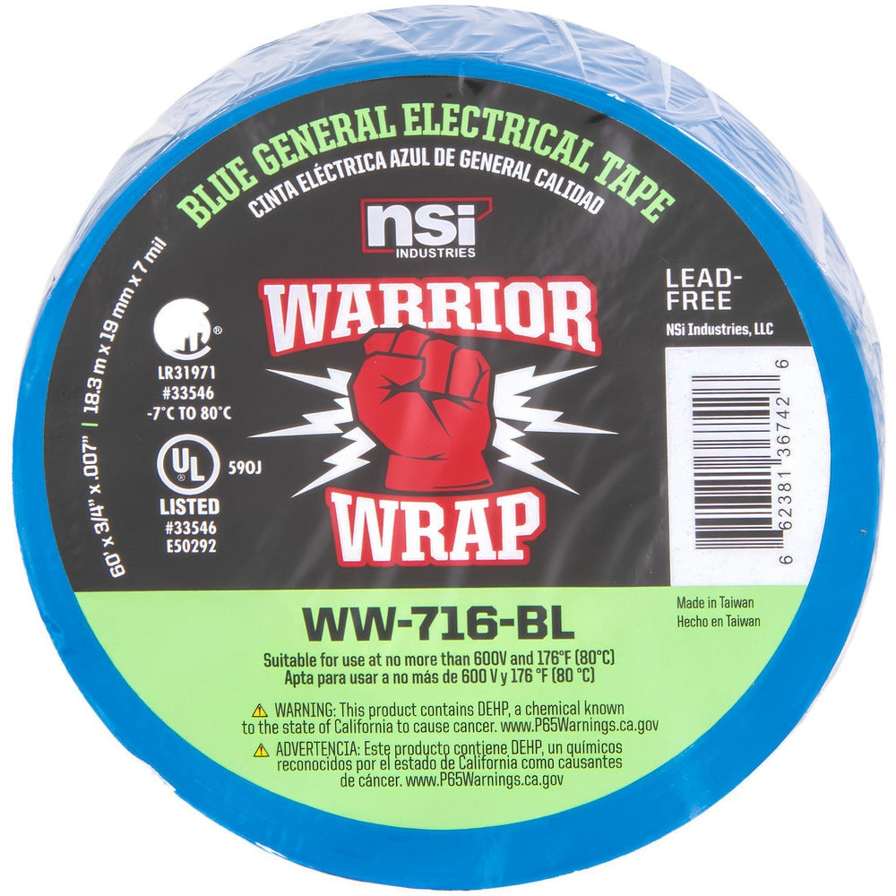 Electrical Tape; Tape Material: Vinyl; Width (Inch): 3/4; Thickness (mil): 7.0000; Color: Blue; Series: General Use; Series Part Number: WW-716-BL; Adhesive Material: PVC