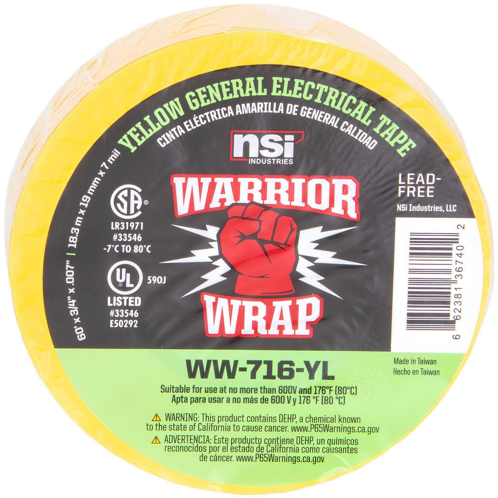 Electrical Tape; Tape Material: Vinyl; Width (Inch): 3/4; Thickness (mil): 7.0000; Color: Yellow; Series: General Use; Series Part Number: WW-716-YL; Adhesive Material: PVC