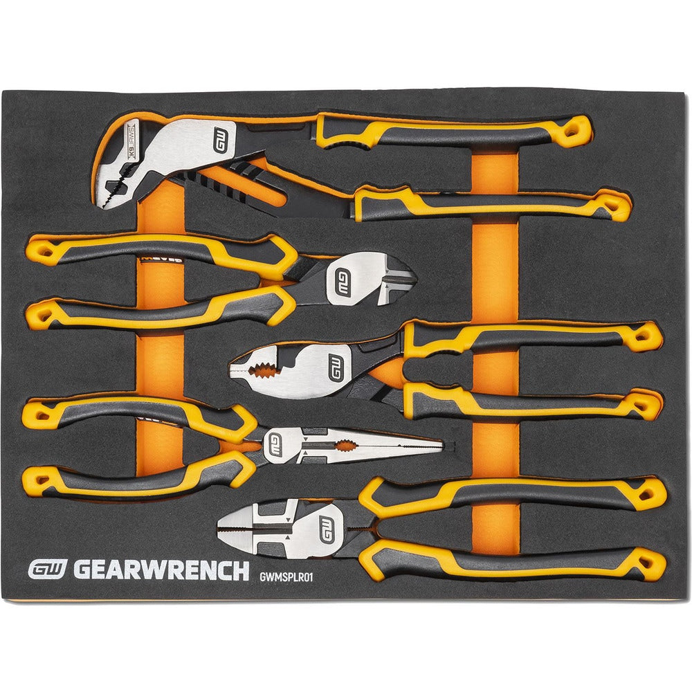 Plier Sets; Plier Type Included: PITBULL Cushion Pliers; Set Type: Assortment, Plier Set; Container Type: Foam Module; Overall Length: 13-1/2 in; Handle Material: Cushion Grip, Comfort Grip; Includes: 5 PITBULL Pliers; Insulated: No; Tether Style: Tether