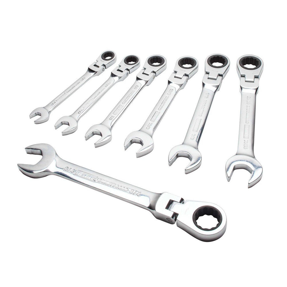 Flex Head Combination Wrench Set: 7 Pc, Inch