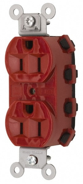 Straight Blade Receptacles; Receptacle Type: Duplex Receptacle; Grade: Specification; Color: Red; Grounding Style: Self-Grounding; Amperage: 15.0000; Voltage: 125V AC; Wiring Method: Wiring Module; Flanged: No