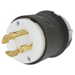 Locking Devices, Twist-Lock, Industrial, Male Insulgrip Plug, 30A 3-Phase 480V AC, 3-Pole 4-Wire Grounding, L16-30P, Spring Terminal, Black and White Nylon.