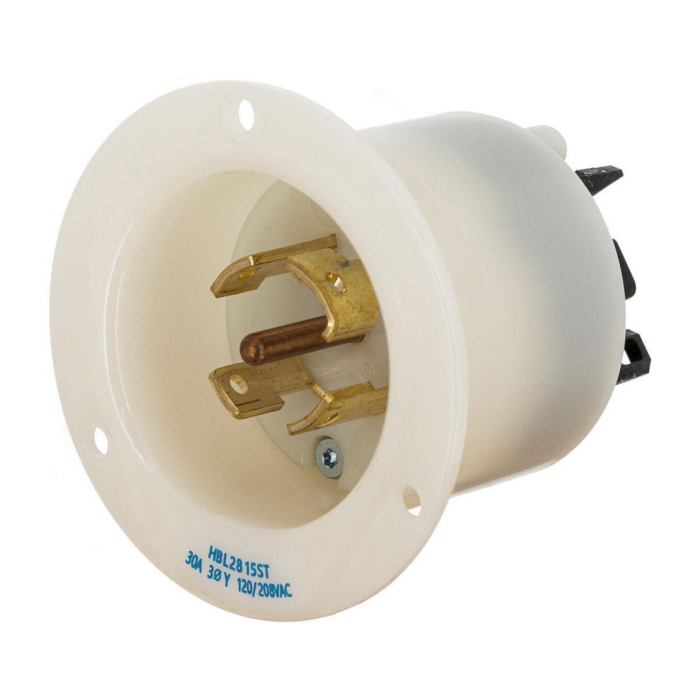 Locking Devices, Twist-Lock, Industrial, Insulgrip Flanged Inlet, 30A 3-Phase Wye 120/208V AC, 4-Pole 5-Wire Grounding, L21-30P, Spring Terminal, White.